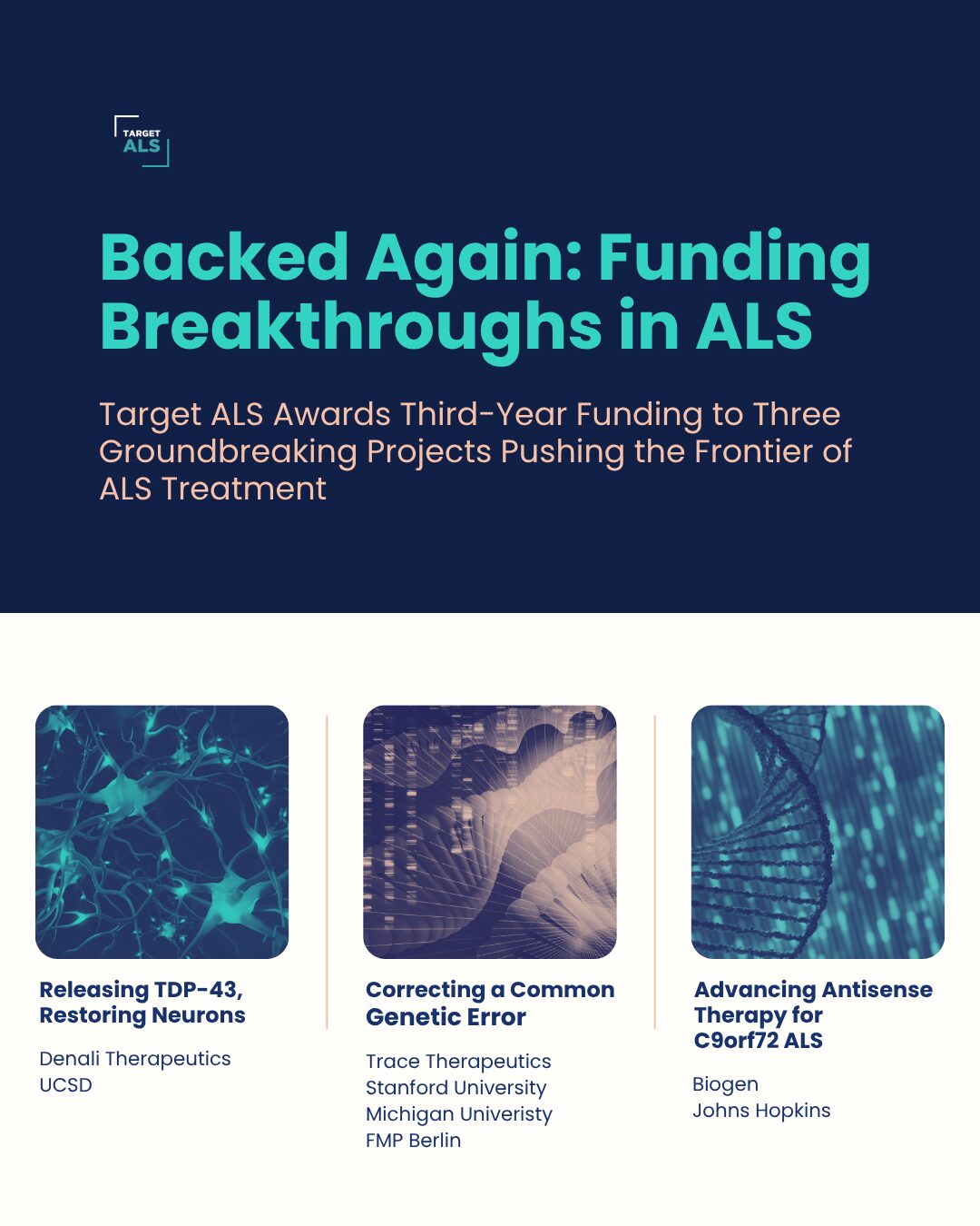 Target ALS Awards Third-Year Funding to Three Groundbreaking Projects Pushing the Frontier of ALS Treatment